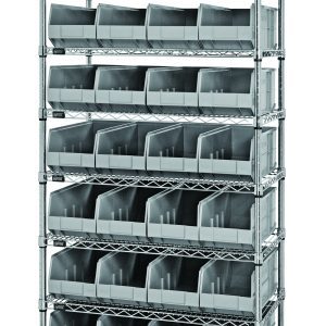 The Quantum Bin Wire Shelving System, 36W x 21D x 74H, features (8) shelves and (28) SSB483 gray bins. Each shelf holds up to 800 lbs. Shipped KD, its chrome-plated finish and open-fronted bins ensure durability and easy access to small items.