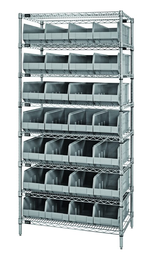 The Quantum Bin Wire Shelving System, 36W x 21D x 74H, features (8) shelves and (28) SSB483 gray bins. Each shelf holds up to 800 lbs. Shipped KD, its chrome-plated finish and open-fronted bins ensure durability and easy access to small items.
