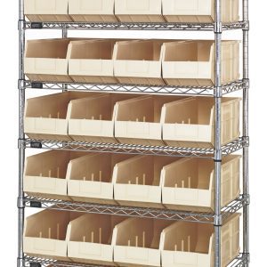 The Quantum Bin Wire Shelving System measures 36W x 21D x 74H, boasting 800 lbs load capacity per shelf. It includes eight shelves and 28 ivory SSB483 bins, features a chrome-plated finish, and is shipped KD for easy assembly and versatile organization.
