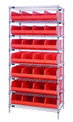 The Quantum Bin Wire Shelving System, measuring 36W x 21D x 74H, includes eight chrome-plated shelves and 28 SSB483 orange bins. It offers an 800 lbs load capacity per shelf and is shipped KD for easy assembly, ensuring durability and efficient storage with sturdy metal wire construction.