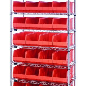 The Quantum Bin Wire Shelving System, measuring 36W x 21D x 74H, includes eight chrome-plated shelves and 28 SSB483 orange bins. It offers an 800 lbs load capacity per shelf and is shipped KD for easy assembly, ensuring durability and efficient storage with sturdy metal wire construction.