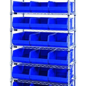The Quantum Bin Wire Shelving System measures 36W x 21D x 74H, offering a chrome-plated finish and includes eight shelves and 21 SSB485 blue bins. Each shelf boasts an 800 lbs load capacity, ensuring optimal storage against a plain white background.