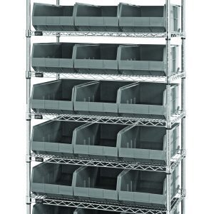 The Quantum Bin Wire Shelving System, 36W x 21D x 74H, features a chrome-plated finish with eight shelves and 21 gray SSB485 bins. Each shelf, supporting up to 800 lbs, allows easy access to the open-fronted bins. The shelving unit is shipped KD and provides efficient organization on a plain white background.