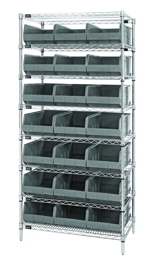 The Quantum Bin Wire Shelving System, 36W x 21D x 74H, features a chrome-plated finish with eight shelves and 21 gray SSB485 bins. Each shelf, supporting up to 800 lbs, allows easy access to the open-fronted bins. The shelving unit is shipped KD and provides efficient organization on a plain white background.