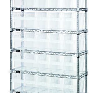 The Quantum Bin Wire Shelving System, measuring 36W x 12D x 74H, includes eight wire shelves and four posts with a chrome finish, supporting up to 800 lbs per shelf. It comes with 35 QSB802 clear bins, providing optimal organization on this sturdy rack.