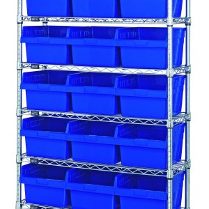 The Quantum Bin Wire Shelving System, measuring 36W x 12D x 74H and chrome plated, includes eight wire shelves that each support three QSB809 blue bins, ensuring optimal organization with its uniform arrangement and sturdy design.