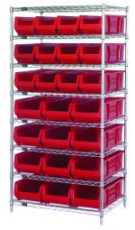 The Quantum Bin Wire Shelving System, 36W x 24D x 74H, features eight wire shelves and four posts. It includes twelve QUS950 and twelve QUS952 red bins with a chrome finish, offering open visibility for easy access to contents, supporting up to 800 lbs per shelf.