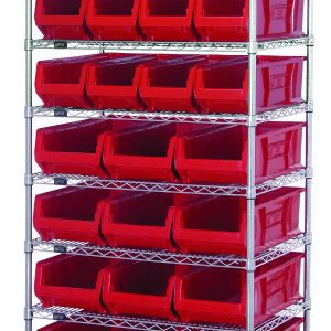 The Quantum Bin Wire Shelving System, 36W x 24D x 74H, features eight wire shelves and four posts. It includes twelve QUS950 and twelve QUS952 red bins with a chrome finish, offering open visibility for easy access to contents, supporting up to 800 lbs per shelf.