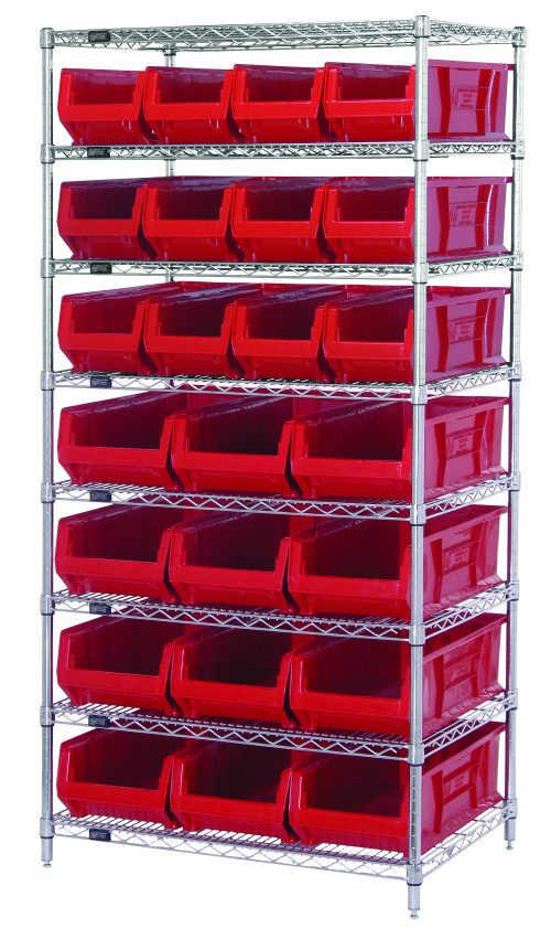 The Quantum Bin Wire Shelving System, 36W x 24D x 74H, features eight wire shelves and four posts. It includes twelve QUS950 and twelve QUS952 red bins with a chrome finish, offering open visibility for easy access to contents, supporting up to 800 lbs per shelf.