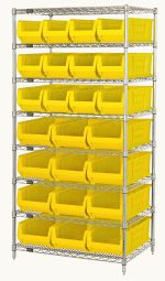 The Quantum Bin Wire Shelving System measures 36W x 24D x 74H and has a chrome finish. It features eight wire shelves, each with an 800 lb capacity, supported by four sturdy posts. Includes twelve QUS950 and twelve QUS952 bright yellow bins for organized storage.