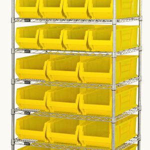 The Quantum Bin Wire Shelving System measures 36W x 24D x 74H and has a chrome finish. It features eight wire shelves, each with an 800 lb capacity, supported by four sturdy posts. Includes twelve QUS950 and twelve QUS952 bright yellow bins for organized storage.