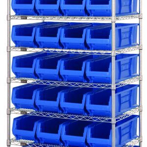 The Quantum Bin Systems Unit features a chrome-plated finish with eight wire shelves and 28 blue bins (23-7/8L x 8-1/4W x 7H), including four sturdy posts. Its ideal for dry storage, providing efficient organization with neatly arranged bins. Shipped KD.