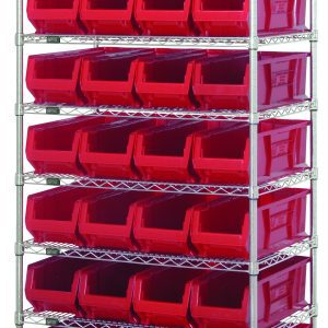 A Quantum Bin Systems unit with a chrome finish includes 4 posts, 8 wire shelves, and 28 red bins (QUS950) each measuring 23-7/8L x 8-1/4W x 7H. Its a sturdy and organized solution ideal for dry storage applications or bin systems.