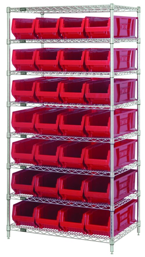 A Quantum Bin Systems unit with a chrome finish includes 4 posts, 8 wire shelves, and 28 red bins (QUS950) each measuring 23-7/8L x 8-1/4W x 7H. Its a sturdy and organized solution ideal for dry storage applications or bin systems.