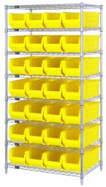 The Quantum Bin Systems Unit, with a chrome-plated finish, includes 4 posts, 8 wire shelves, and 28 yellow bins (QUS950) measuring 23-7/8L x 8-1/4W x 7H. Ideal for dry storage applications, it ensures organized storage and easy access to items.