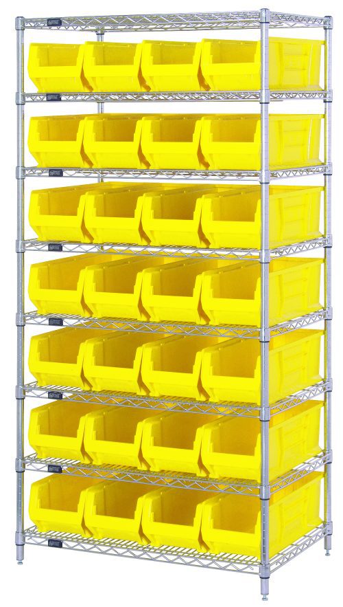 The Quantum Bin Systems Unit, with a chrome-plated finish, includes 4 posts, 8 wire shelves, and 28 yellow bins (QUS950) measuring 23-7/8L x 8-1/4W x 7H. Ideal for dry storage applications, it ensures organized storage and easy access to items.