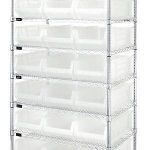 The Quantum Bin Systems Unit is a stationary shelving unit with a chrome-plated finish, featuring 4 posts, 8 wire shelves, and 21 clear bins (23-7/8L x 11W x 7H), suitable for dry storage applications and efficiently organizing any space.