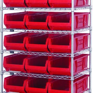 The Quantum Bin Systems Unit is stationary with a chrome-plated finish. It includes 4 posts, 8 wire shelves, and 21 red bins (23-7/8L x 11W x 7H). The unit is suitable for dry storage applications and features front-opening semi-transparent bins for easy access.