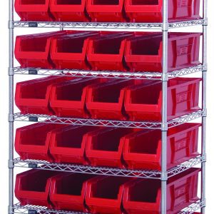 The Quantum Bin Wire Shelving System, measuring 36W x 30D x 74H, has a chrome-plated finish, eight wire shelves supported by four posts, and includes 28 Qus970 red bins. It provides optimal organization with an 800 lb. capacity per shelf.