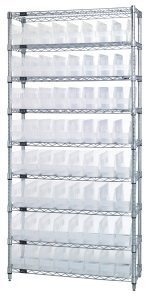 The Quantum Bin Wire Shelving System is 36W x 12D x 74H, featuring nine chrome-plated wire shelves with an 800 lb. capacity each, supported by four metal posts, and includes 64 clear QSB201 bins.