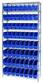 The Quantum Bin Wire Shelving System, 36W X 12D X 74H, supports 800 lbs. per shelf and includes nine wire shelves with four posts and sixty-four Qsb201 blue bins for easy-access storage in a chrome-plated finish.
