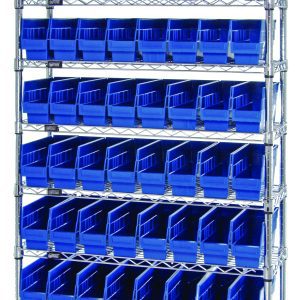 The Quantum Bin Wire Shelving System, 36W X 12D X 74H, supports 800 lbs. per shelf and includes nine wire shelves with four posts and sixty-four Qsb201 blue bins for easy-access storage in a chrome-plated finish.