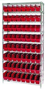The Quantum Bin Wire Shelving System, sized at 36W x 12D x 74H with a chrome-plated finish, features nine wire shelves supported by four posts and includes 64 QSB201 red bins, each shelf holding up to 800 lbs. Its design emphasizes organization against a sleek white background.