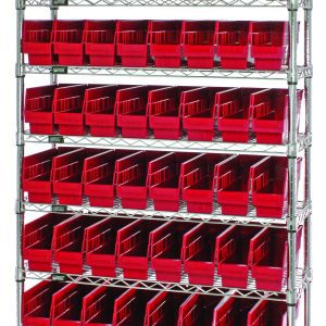 The Quantum Bin Wire Shelving System, sized at 36W x 12D x 74H with a chrome-plated finish, features nine wire shelves supported by four posts and includes 64 QSB201 red bins, each shelf holding up to 800 lbs. Its design emphasizes organization against a sleek white background.