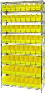 The Quantum Bin Wire Shelving System is a tall, chrome-plated unit with an overall size of 36W x 12D x 74H. It features nine wire shelves, each holding durable QSB201 yellow bins in a grid pattern. The system includes 64 uniformly sized bins for efficient storage.