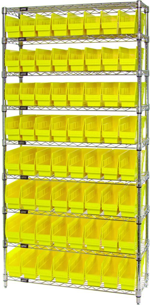 The Quantum Bin Wire Shelving System is a tall, chrome-plated unit with an overall size of 36W x 12D x 74H. It features nine wire shelves, each holding durable QSB201 yellow bins in a grid pattern. The system includes 64 uniformly sized bins for efficient storage.