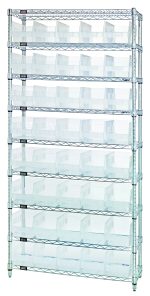 The Quantum Bin Wire Shelving System, featuring nine wire shelves and measuring 36W x 12D x 74H, includes (40) clear QSB202 bins. This chrome-plated unit sits against a plain white background with an impressive capacity of 800 lbs per shelf.