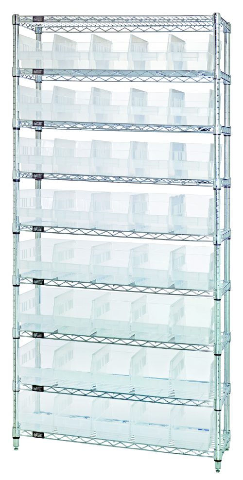 The Quantum Bin Wire Shelving System, featuring nine wire shelves and measuring 36W x 12D x 74H, includes (40) clear QSB202 bins. This chrome-plated unit sits against a plain white background with an impressive capacity of 800 lbs per shelf.