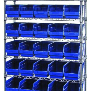 The Quantum Bin Wire Shelving System, measuring 36W x 12D x 74H, features nine wire shelves with a chrome-plated finish. With four posts supporting it, each shelf can hold multiple rows of the included 40 QSB202 blue bins against a plain white background.