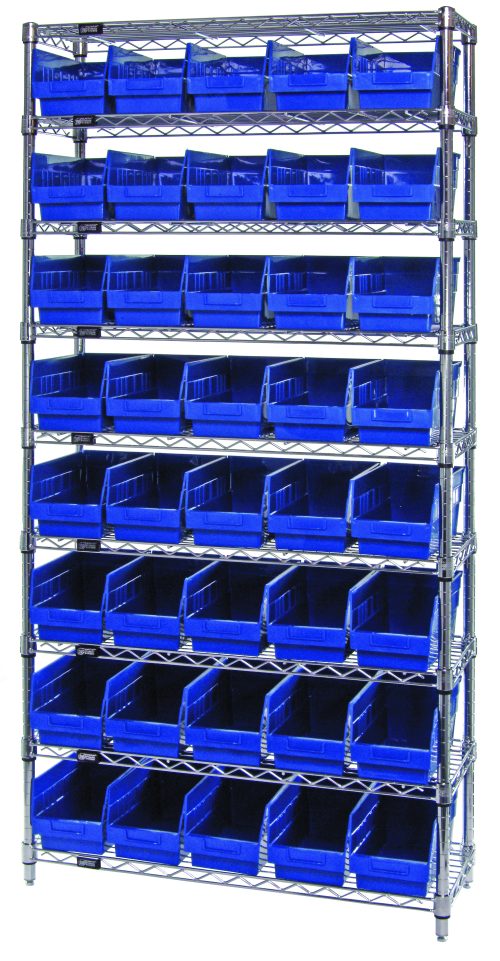 The Quantum Bin Wire Shelving System, measuring 36W x 12D x 74H, features nine wire shelves with a chrome-plated finish. With four posts supporting it, each shelf can hold multiple rows of the included 40 QSB202 blue bins against a plain white background.