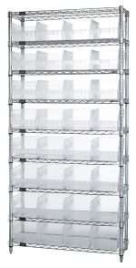 The Quantum Bin Wire Shelving System measures 36W x 12D x 74H, has nine wire shelves with an 800 lb. capacity each, and includes four posts and thirty-two QSB207 clear bins with a chrome finish for a sturdy and organized storage solution.
