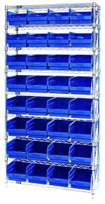 The Quantum Bin Wire Shelving System measures 36W x 12D x 74H, featuring nine wire shelves and 32 QSB207 blue bins. Its chrome-plated, industrial design offers easy access with an organized look and holds up to 800 lbs per shelf.