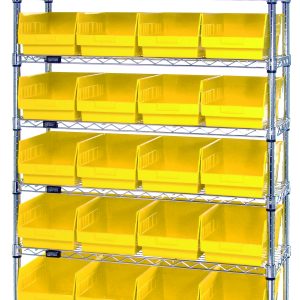 Meet the Quantum Bin Wire Shelving System: a 36W x 12D x 74H chrome unit with nine wire shelves, each holding up to 800 lbs, complete with four posts and 32 QSB207 yellow bins, ensuring optimal spacing and alignment.