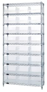 The Quantum Bin Wire Shelving System is 36W x 12D x 74H, featuring nine wire shelves and four sturdy posts with an 800 lb. capacity per shelf. It comes with 24 QSB209 clear bins and a chrome-plated finish for optimized storage and organization.