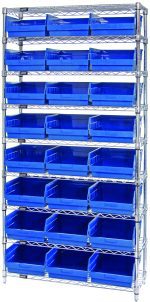 The Quantum Bin Wire Shelving System showcases a sleek industrial design with nine wire shelves and 24 blue bins. It measures 36W x 12D x 74H and stands securely on four posts, featuring an 800 lb. capacity per shelf with a chrome-plated finish.