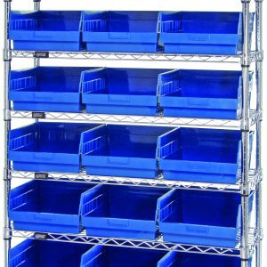 The Quantum Bin Wire Shelving System showcases a sleek industrial design with nine wire shelves and 24 blue bins. It measures 36W x 12D x 74H and stands securely on four posts, featuring an 800 lb. capacity per shelf with a chrome-plated finish.