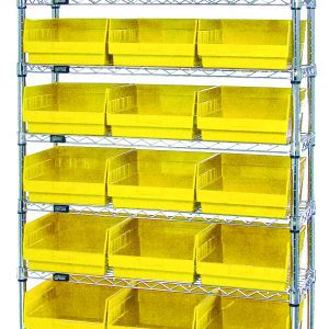 The Quantum Bin Wire Shelving System (36W x 12D x 74H) with a chrome finish includes (9) wire shelves, (4) posts, and (24) QSB209 yellow bins. Each shelf supports up to 800 lbs, ensuring stylish and organized storage.