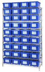The Quantum Bin Wire Shelving System features dimensions of 48W x 18D x 74H and includes nine wire shelves with four posts, supporting six rows of blue SNT180 containers against a chrome-plated finish. Each row holds eight bins, organized on wire mesh shelves in a clean setting.
