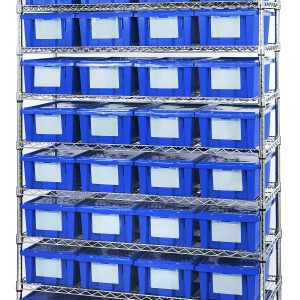 The Quantum Bin Wire Shelving System features dimensions of 48W x 18D x 74H and includes nine wire shelves with four posts, supporting six rows of blue SNT180 containers against a chrome-plated finish. Each row holds eight bins, organized on wire mesh shelves in a clean setting.