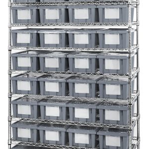 The Quantum Bin Wire Shelving System, measuring 48W x 18D x 74H with a capacity of 800 lb. per shelf, holds (36) Snt180 gray containers in seven rows of six. It includes (9) wire shelves and (4) posts for organized and efficient storage, all with a chrome-plated finish.