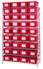 The Quantum Bin Wire Shelving System, measuring 48W x 18D x 74H, features a chrome-plated finish and can hold up to 800 lbs. per shelf. It includes nine wire shelves and four posts that accommodate (36) SNT180 red containers with white labels for organized storage.