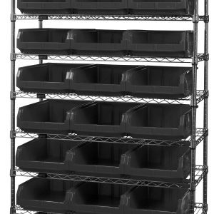 The Quantum Bin Wire Shelving System, sized at 42W x 18D x 74H, features nine wire shelves supported by four posts. With a chrome-plated finish, it accommodates up to 800 lbs per shelf and comes with 24 QMS531 black bins for organized storage.