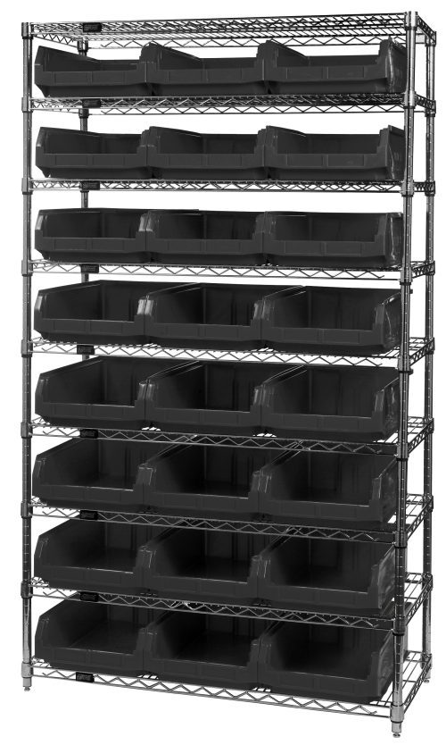 WR9-531_BK.jpg The Quantum Bin Wire Shelving System, sized at 42W x 18D x 74H, features nine wire shelves supported by four posts. With a chrome-plated finish, it accommodates up to 800 lbs per shelf and comes with 24 QMS531 black bins for organized storage.