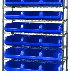 The Quantum Bin Wire Shelving System, measuring 42W x 18D x 74H, has a sturdy 800 lb. capacity per shelf and includes nine wire shelves, four posts, and twenty-four QMS531 blue bins with a chrome-plated finish.