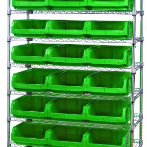 The Quantum Bin Wire Shelving System, measuring 42W x 18D x 74H, features nine shelves with (24) QMS531 green bins for organization. Supported by (4) posts, it can hold up to 800 lbs per shelf and boasts a chrome-plated finish.