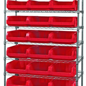 The Quantum Bin Wire Shelving System is a sturdy 42W x 18D x 74H shelving unit with a chrome-plated finish. It includes nine wire shelves supporting up to 800 lbs each and comes with four posts and twenty-four Qms531 red bins for efficient storage.